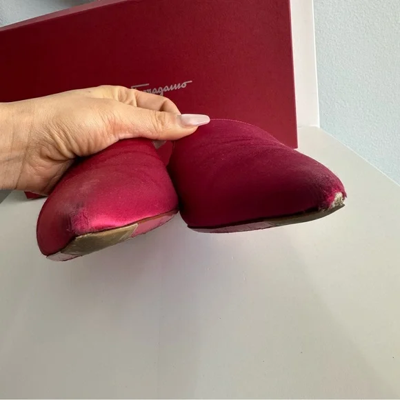 Salvatore Ferragamo Maida Satin Pointed Toe Low Heeled Mules in Fuchsia Pink - Picture 10 of 10